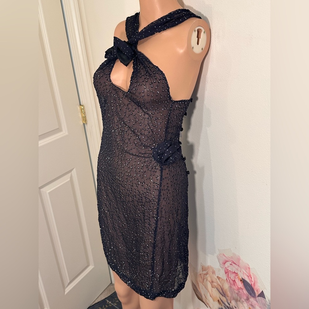 New Coperni Crossover Halter Neck Mini Dress in Dark Navy mesh sheer sparkle - Picture 7 of 10